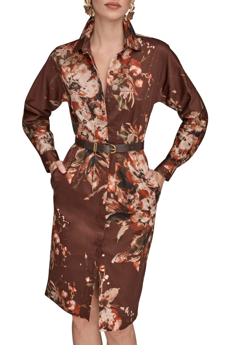 Floral Long Sleeve Belted Stretch Cotton Shirtress, Alternate, color, OXBLOOD MULTI