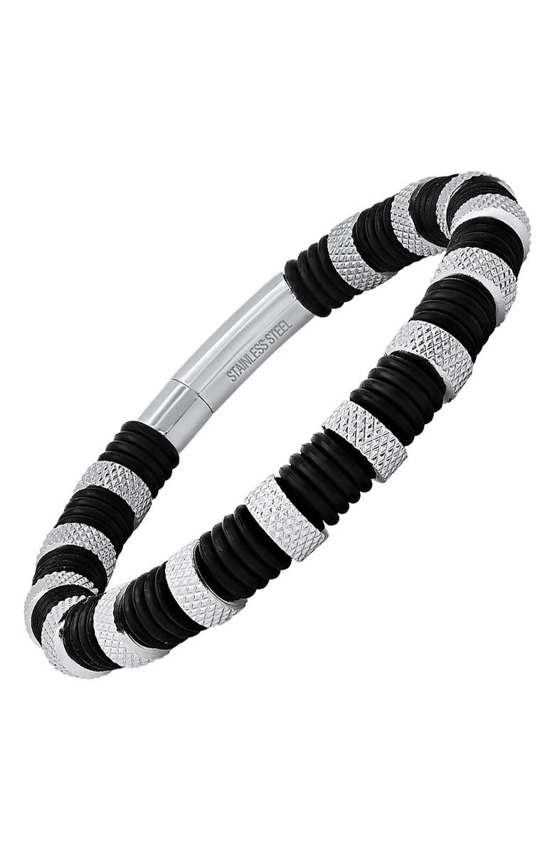 HMY JEWELRY Men's Black Rubber & Stainless Steel Bracelet, Main, color, Two Tone Black