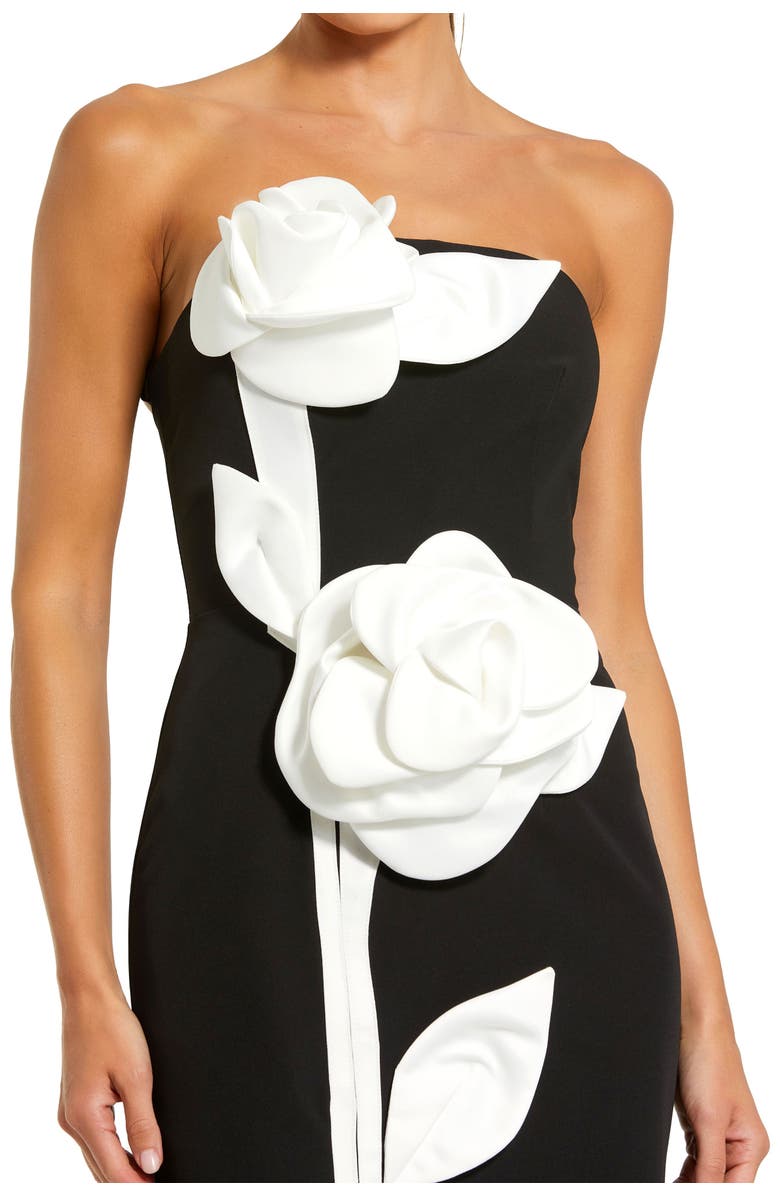 Mac Duggal Women's Strapless Crepe Ankle Dress With 3D Satin Flowers, Alternate, color, Black Ivory