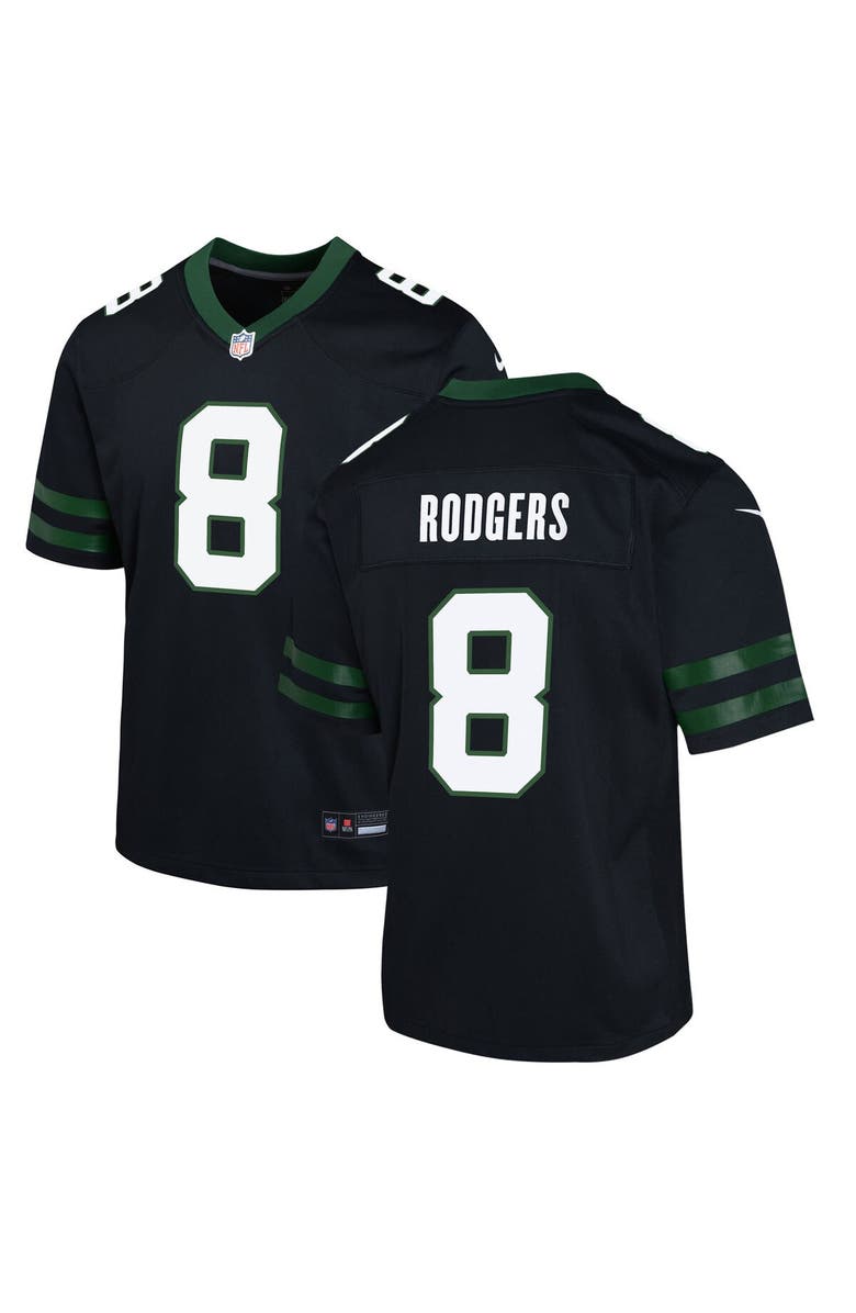 Nike Youth Nike Aaron Rodgers Legacy Black New York Jets Alternate Game Jersey, Main, color, 