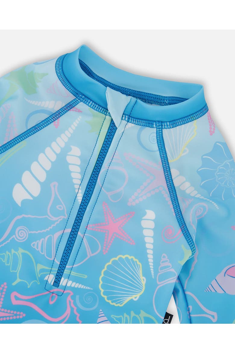 One-Piece Long Sleeve Shell Print Rashguard, Alternate, color, Blue Seashell Print