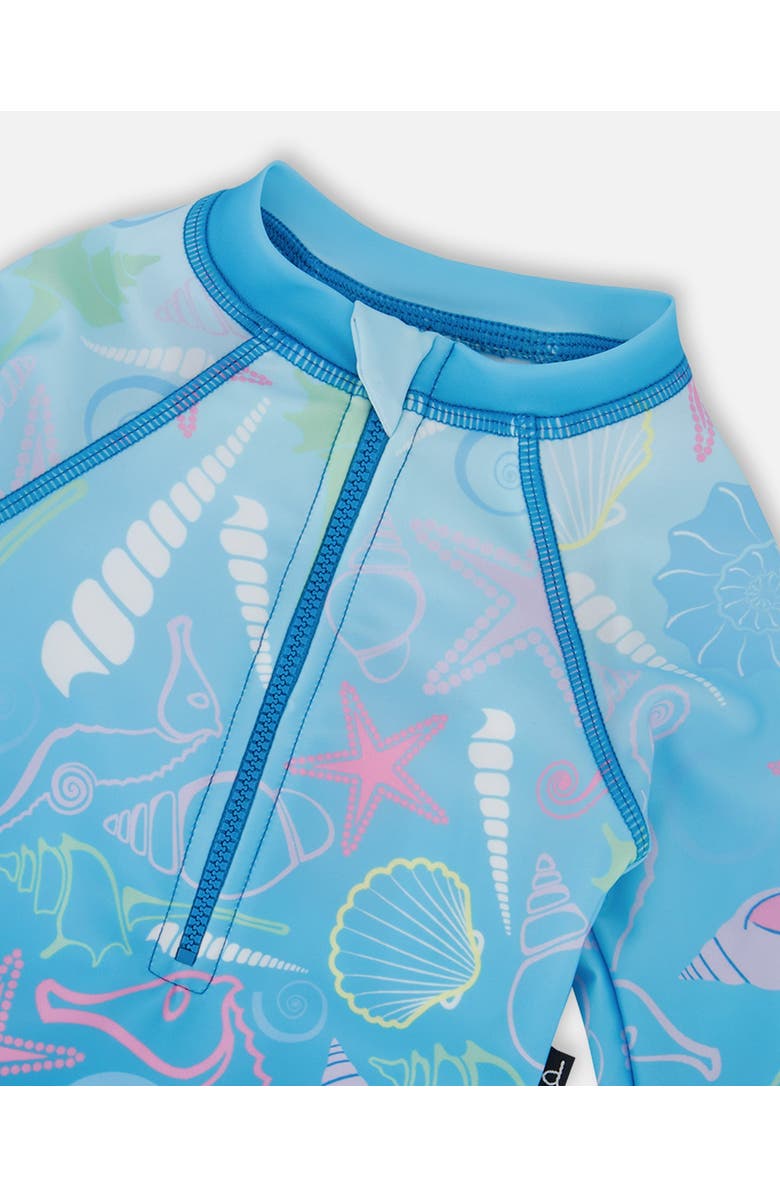 Deux par Deux One-Piece Long Sleeve Shell Print Rashguard, Alternate, color, Blue Seashell Print