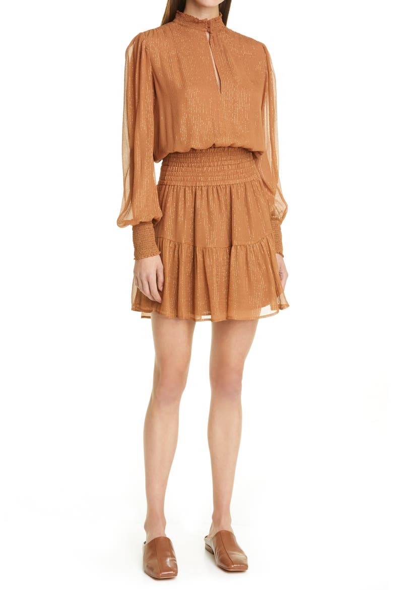 Silvie Smocked Long Sleeve Silk Blend Dress, Main, color, BUTTERSCOTCH