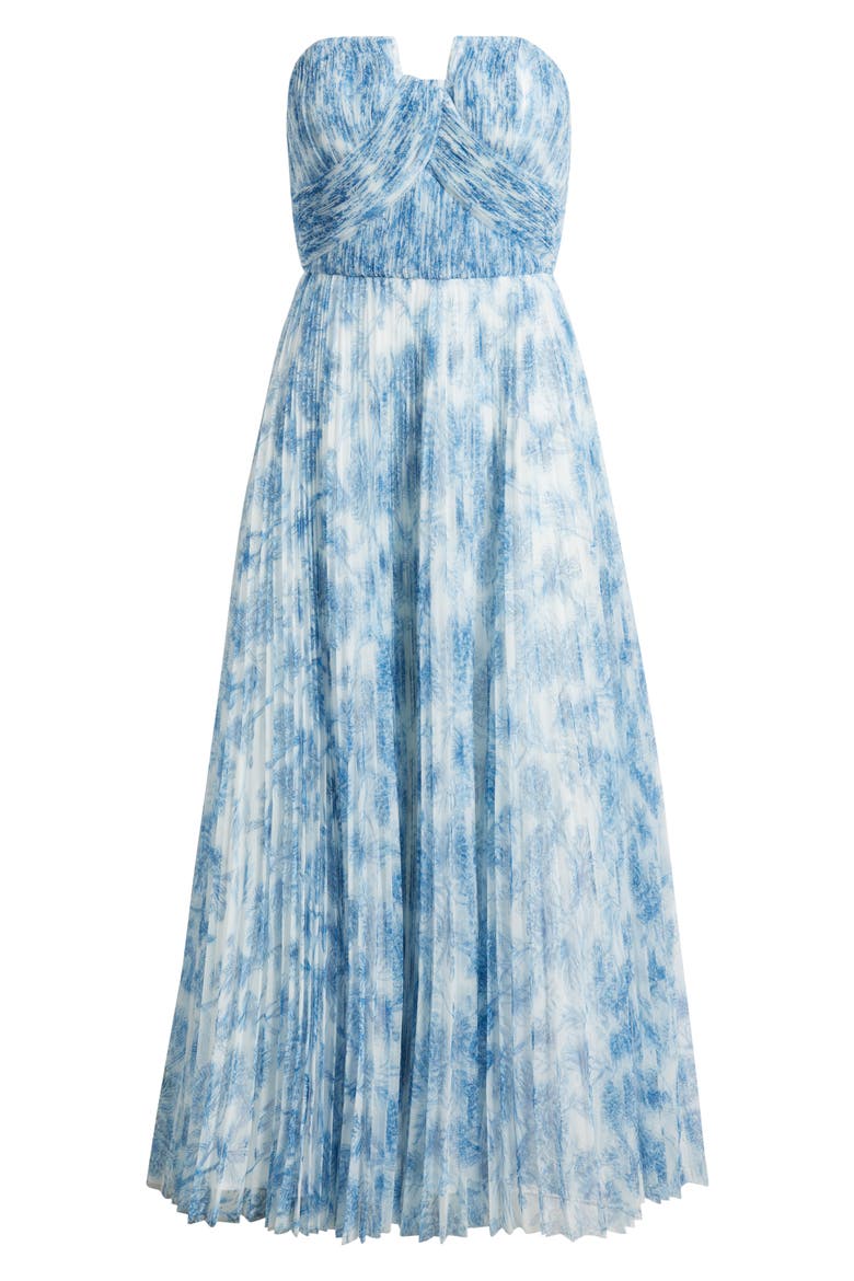 Pleated Strapless Mesh Gown, Alternate, color, WHITE/ BLUE INKED CHINOISERIE