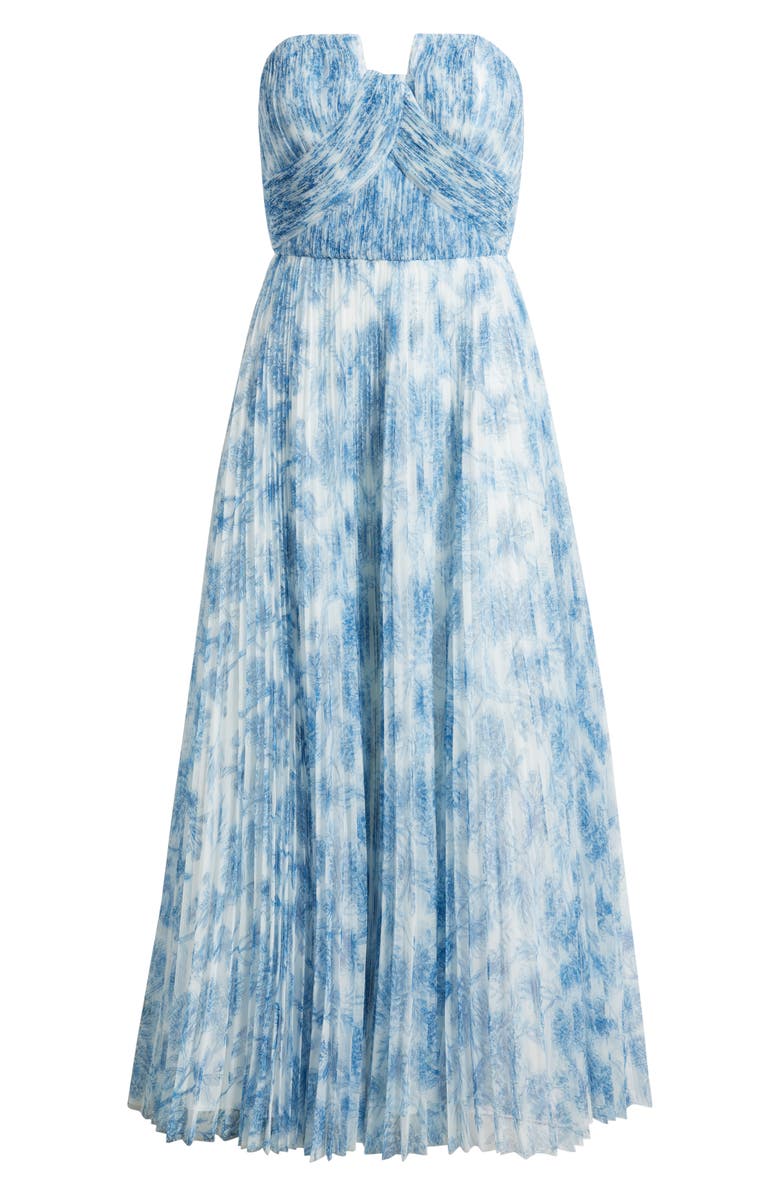 Hutch Pleated Strapless Mesh Gown, Alternate, color, White/ Blue Inked Chinoiserie
