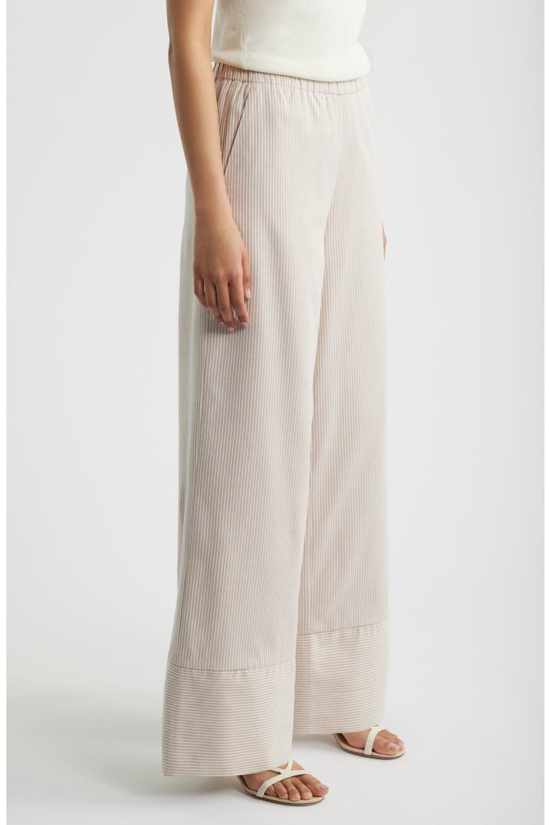 Directional Pinstripe Wide Leg Cotton Blend Pants, Alternate, color, ALMOND BUFF/ BRIGHT WHITE