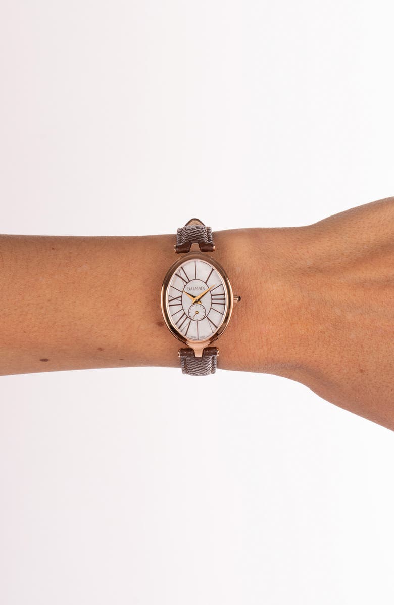 Balmain Haute Elegance Oval Leather Strap Watch, 26mm x 32mm, Alternate, color, Yellow Gold Brown