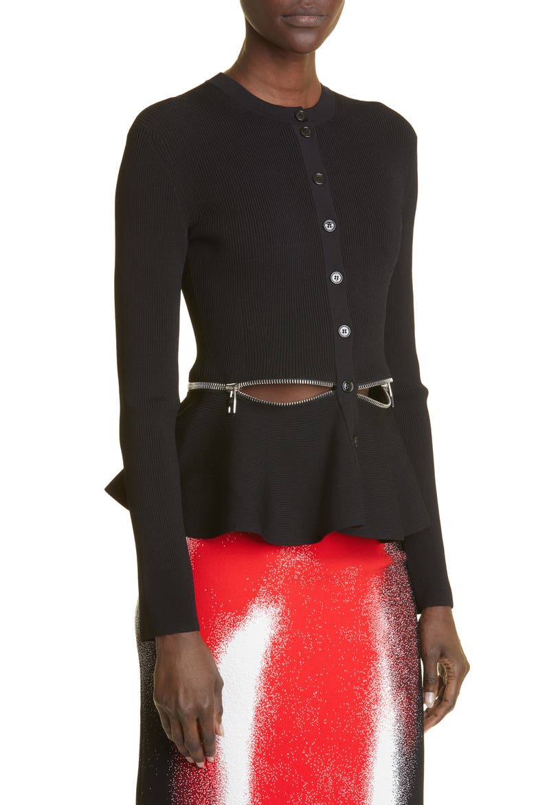 Rib Peplum Cardigan, Alternate, color, BLACK