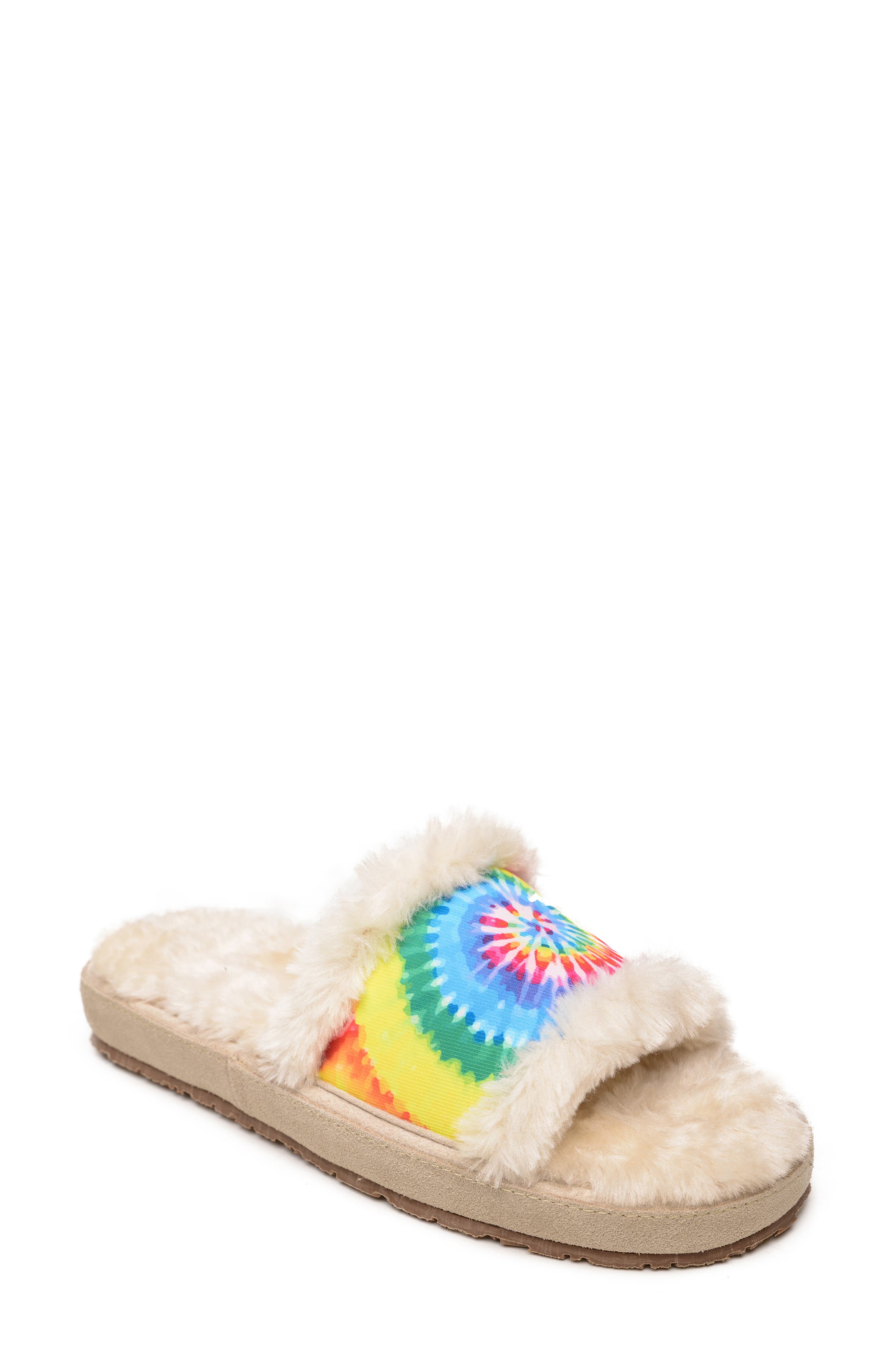 Minnetonka Leena Tie Dye Faux Fur Slide Slipper, Main, color, 
