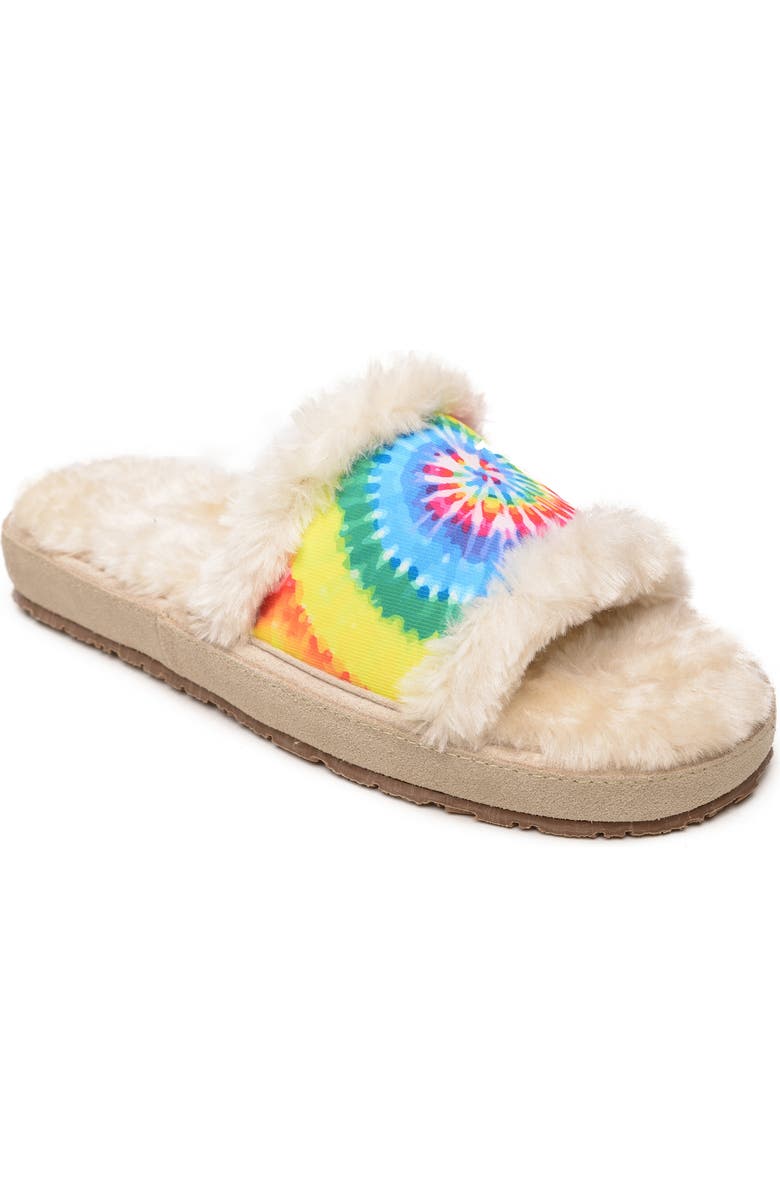 Minnetonka Leena Tie Dye Faux Fur Slide Slipper, Main, color,