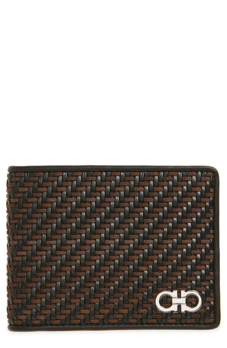 FERRAGAMO Gancio Woven Leather Bifold Wallet, Main, color, T.moro Nero