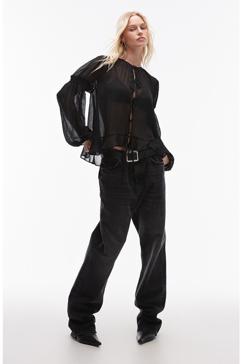 Crinkle Sheer Tie Front Top, Alternate, color, BLACK