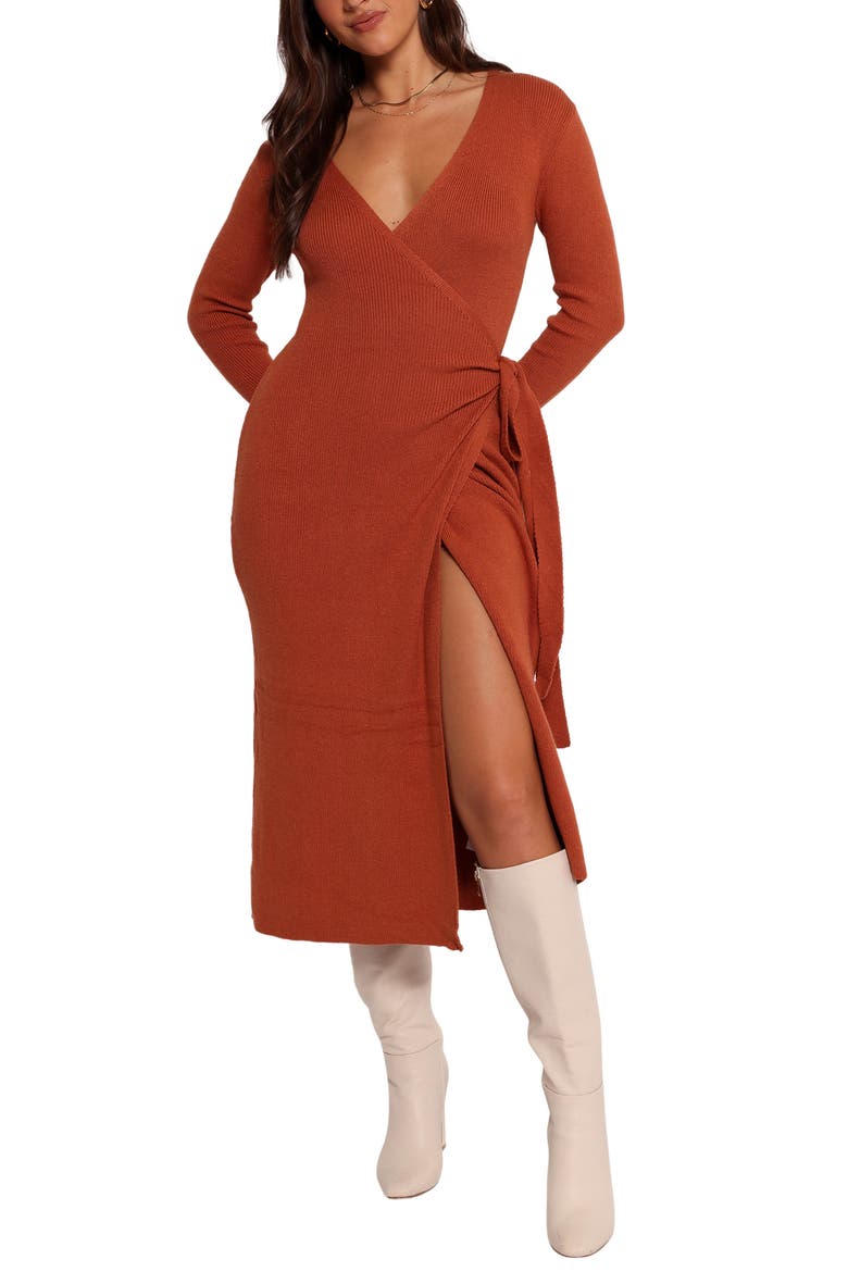 Kellan Long Sleeve Wrap Midi Dress, Main, color, BRONZE