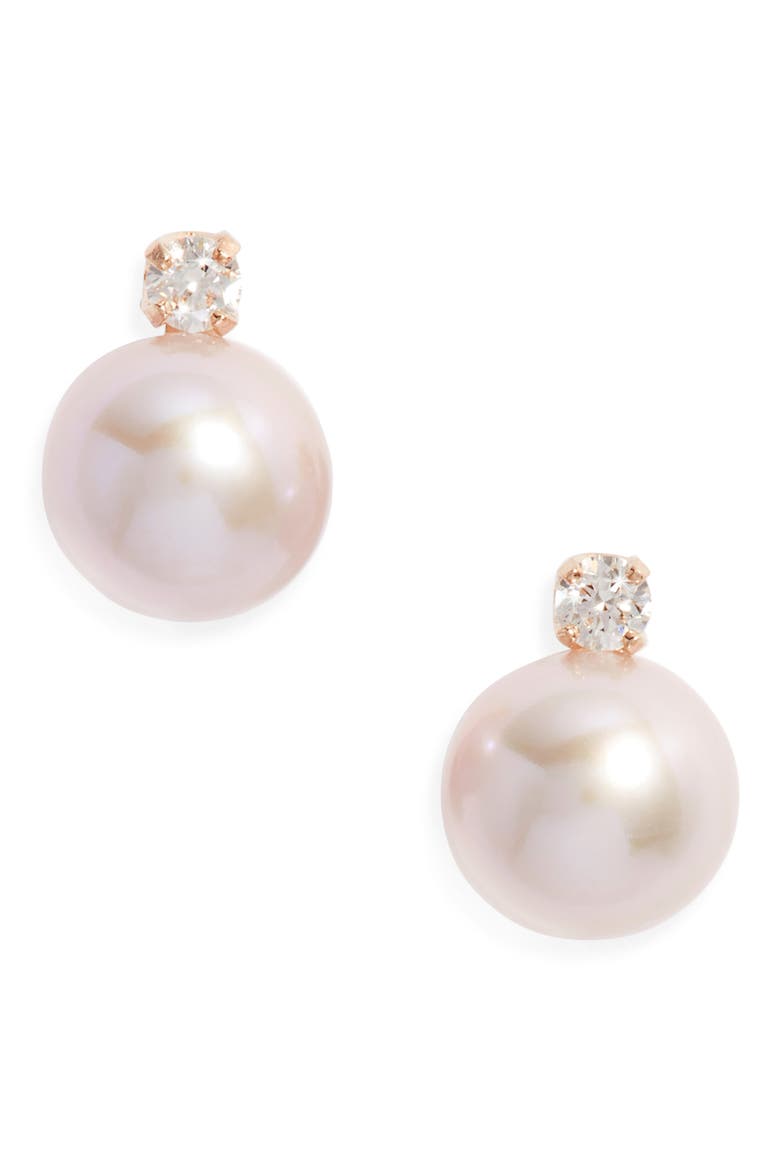 Diamond & Freshwater Pearl Stud Earrings, Main, color, BLUSH- 14K YELLOW GOLD