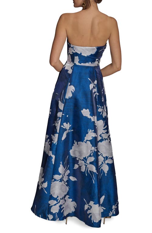 Donna Karan New York Floral Print Strapless Gown In Blue
