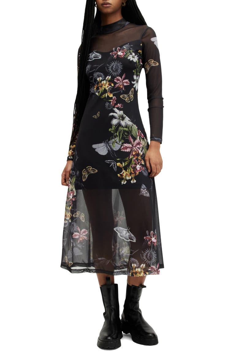 Hanna Sanibel Floral Print Long Sleeve Mesh Maxi Dress, Alternate, color, BLACK