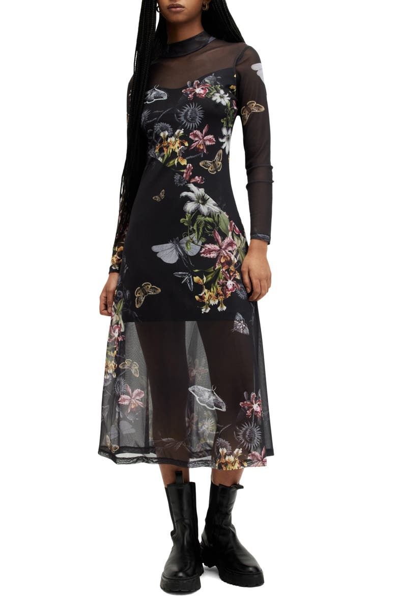 AllSaints Hanna Sanibel Floral Print Long Sleeve Mesh Maxi Dress, Alternate, color, 