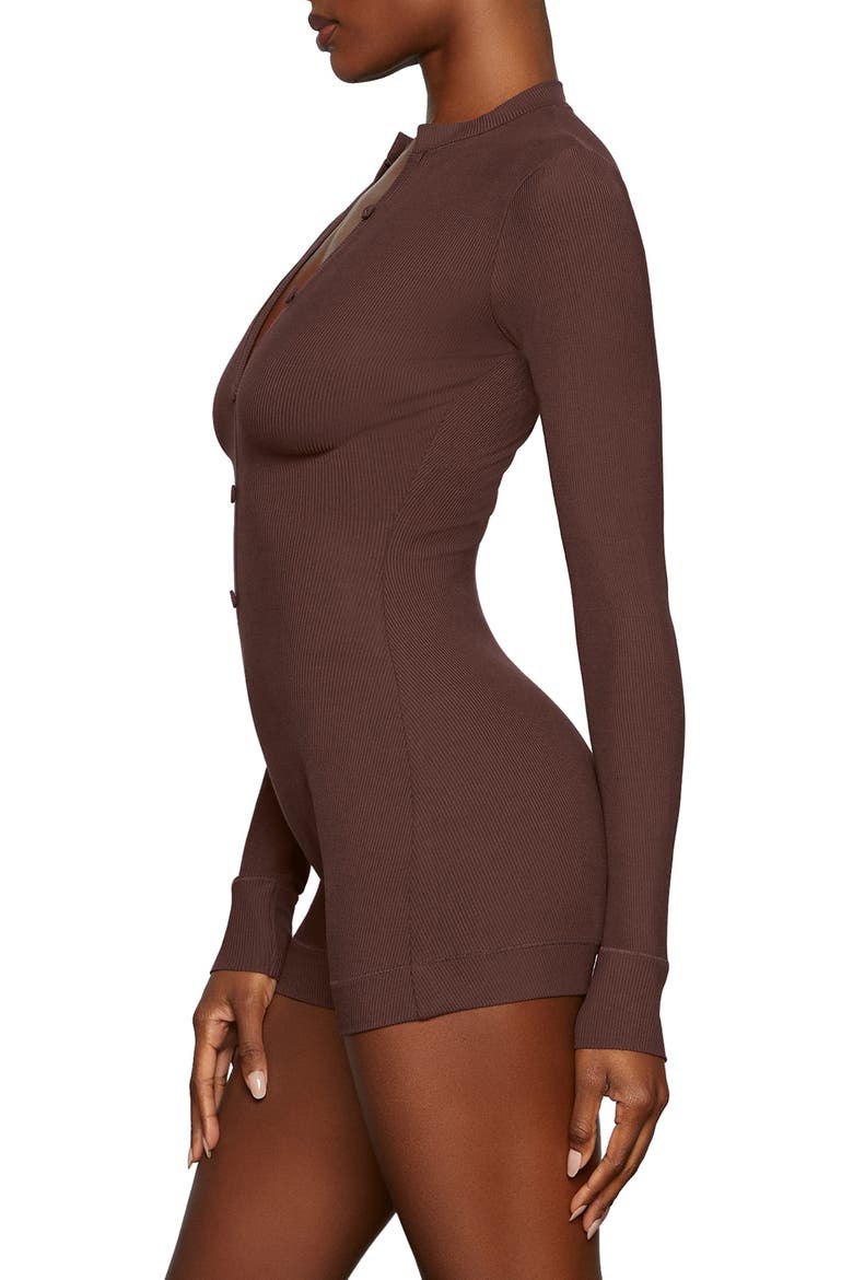 Soft Lounge Long Sleeve Henley Romper Pajamas, Alternate, color, COCOA