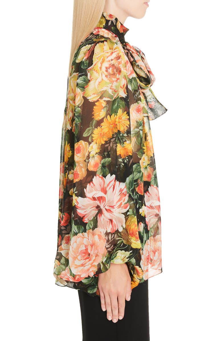 Dolce&Gabbana Floral Print Tie Neck Chiffon Blouse, Alternate, color, 