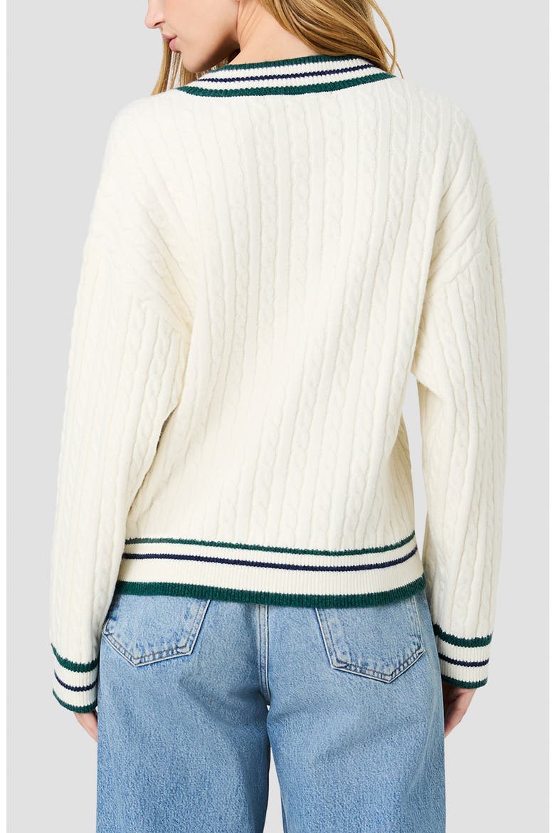 Aleyna Striped V-Neck Cable Sweater, Alternate, color, PORCELAIN CREAM/ TEAL/ MARINE