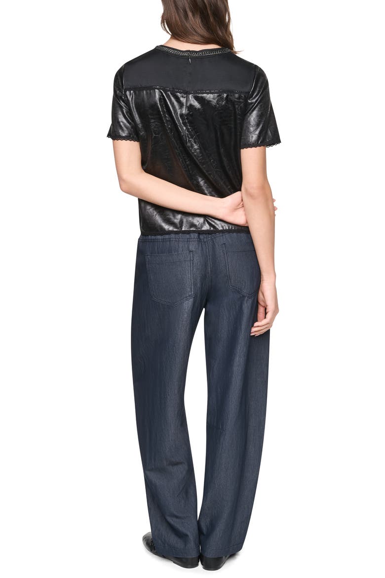 Mixed Media Crackle Faux Leather Top, Alternate, color, BLACK