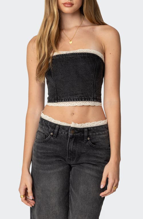 Shop Edikted Karlie Lace Trim Denim Tube Top In Black-washed