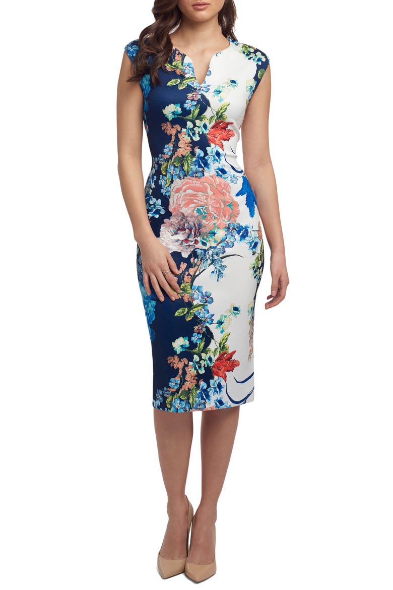 Print Notch Neck Sheath Dress, Main, color, NAVY/ BLUE