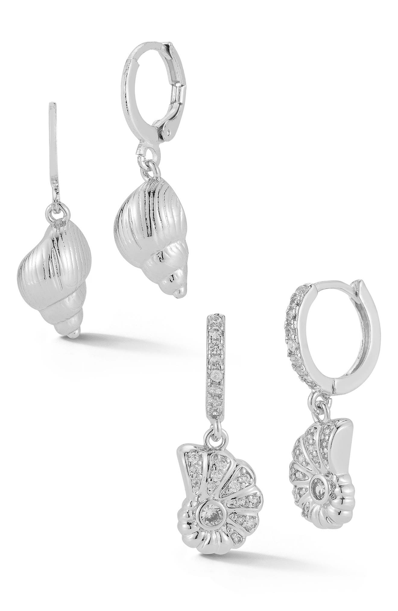 Set of 2 Shell Drop Huggie Hoop Earrings