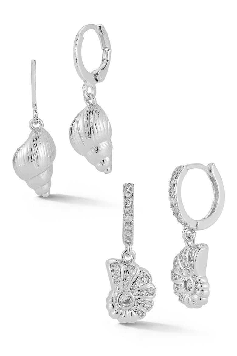 Set of 2 Shell Drop Huggie Hoop Earrings, Main, color, SILVER