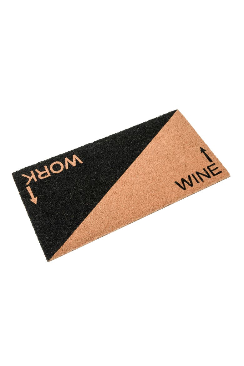 Printed 2-Tone Coir Doormat with "Work" and "Wine" Message and PVC Back, Natural and Black, Main, color, Multicolor