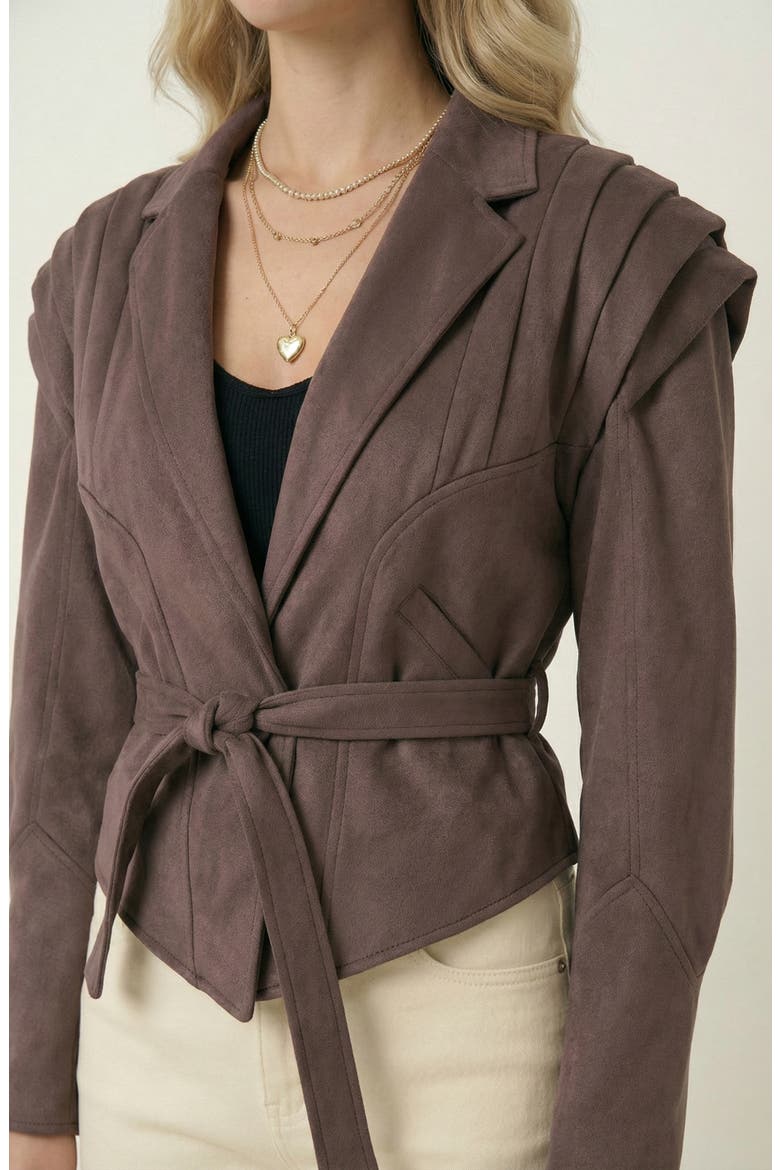 Structured Belted Pleated Shoulder Jacket, Alternate, color, Brown