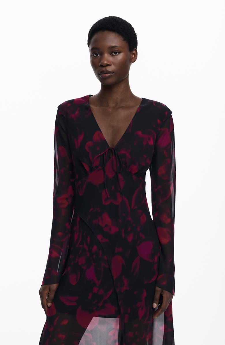 Desigual Floral Long Sleeve Mesh Maxi Dress, Alternate, color, Lilac