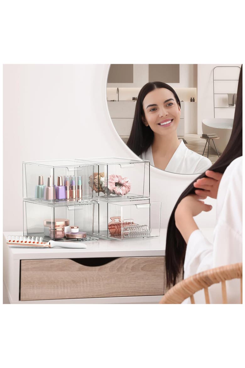 4-Pack Clear Stackable Makeup Drawers, Alternate, color, CLEAR