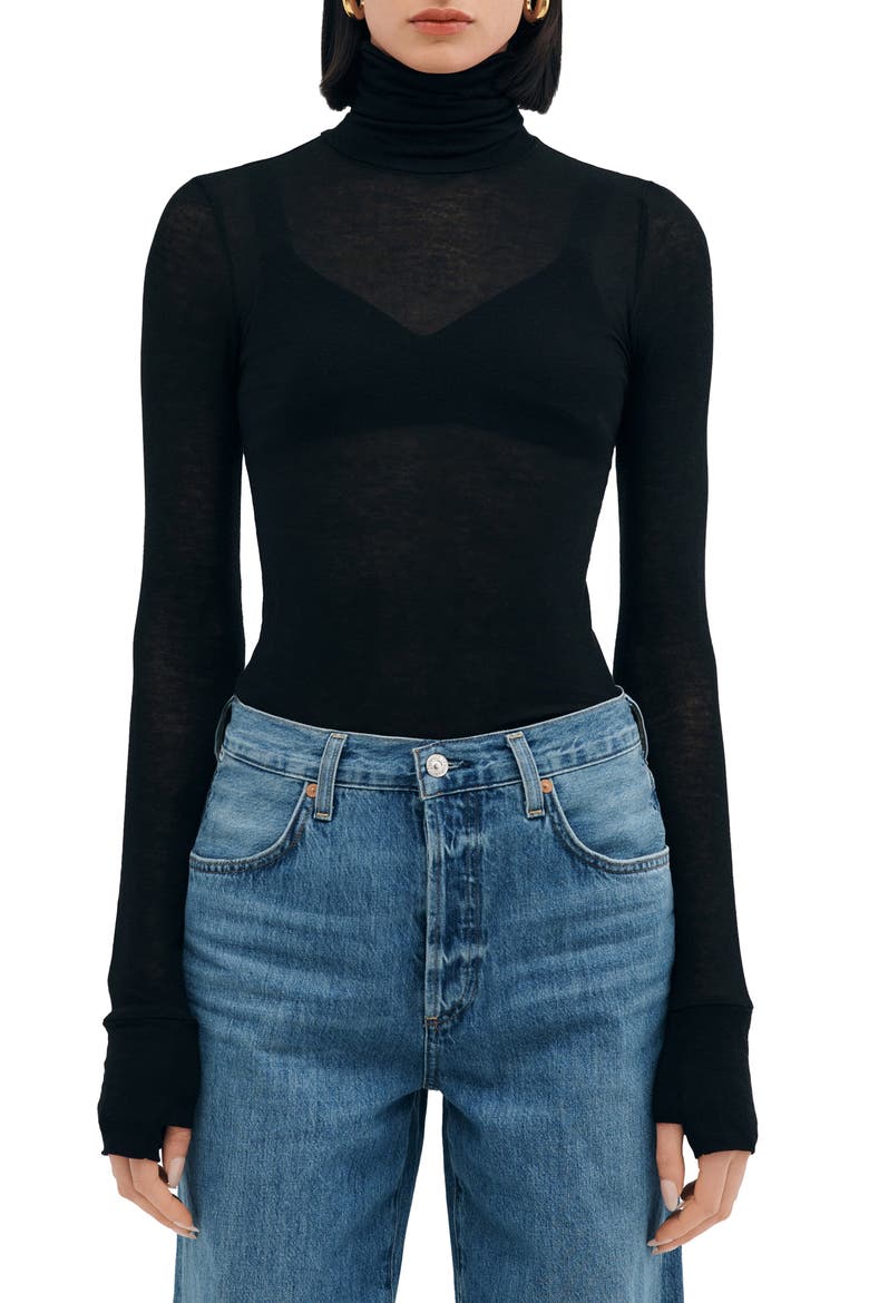Eloise Turtleneck Semisheer Jersey Top, Main, color, BLACK