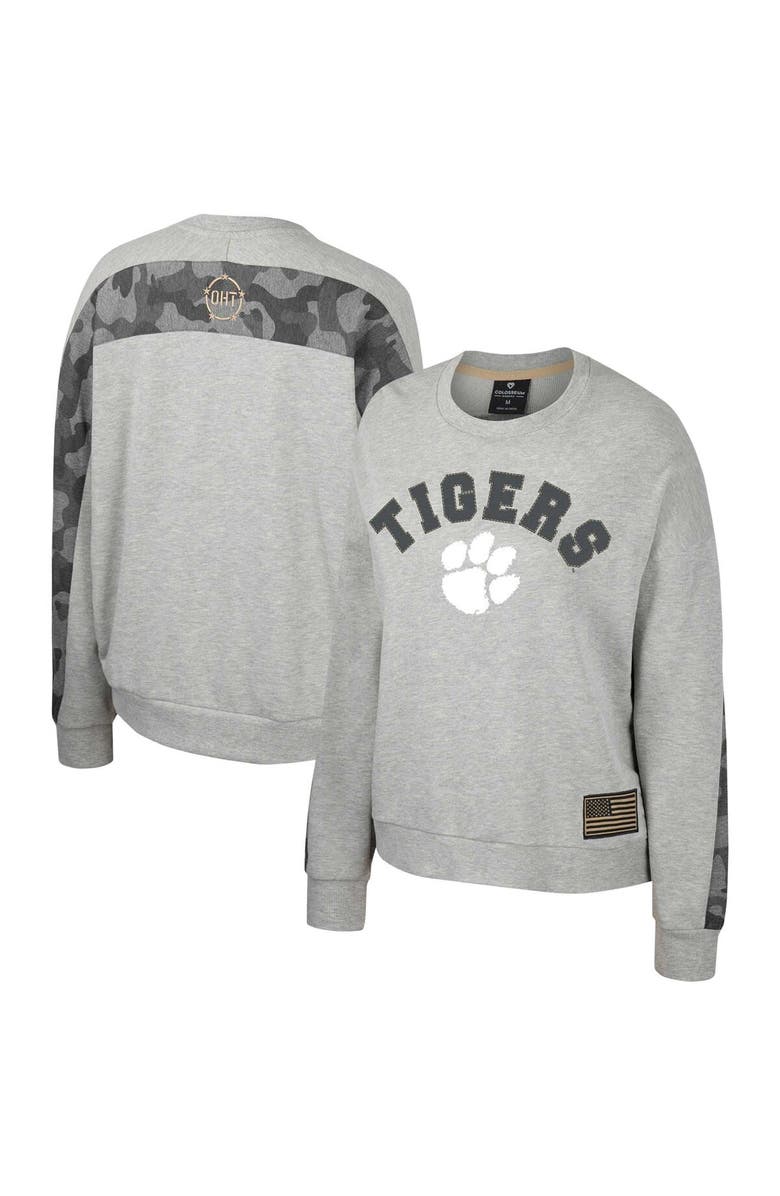 COLOSSEUM Women's Colosseum Heather Gray Clemson Tigers OHT Military Appreciation Flag Rank Dolman Pullover Sweatshirt, Main, color, 