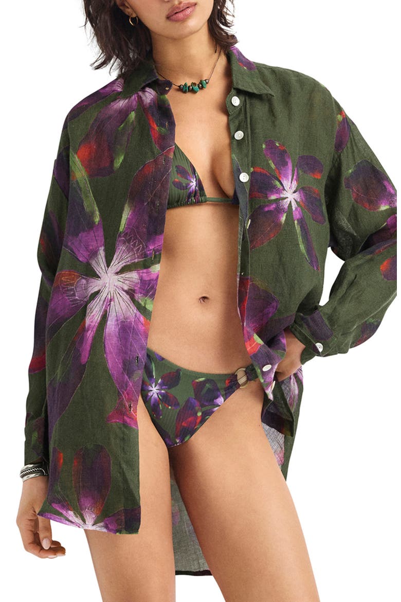 Playa Oversize Linen Cover-Up Shirt, Main, color, WATERCOLOR ORCHID