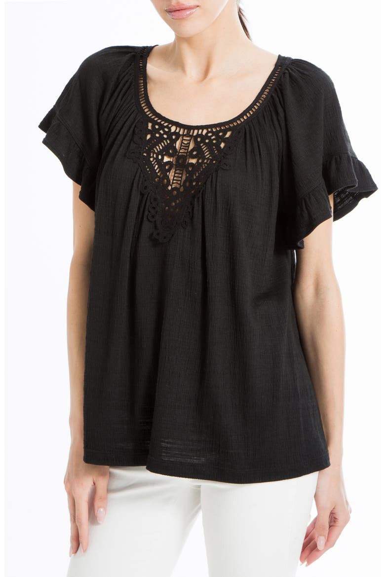 Flutter Sleeve Crochet Top, Main, color, BLACK-BLACK