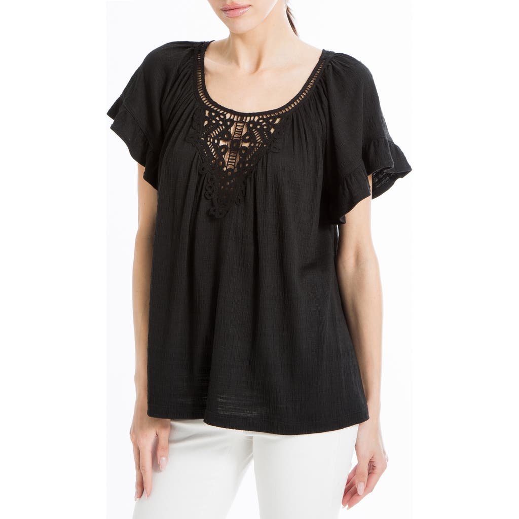 Max Studio Embellished Yoke Flutter Sleeve Top In Black