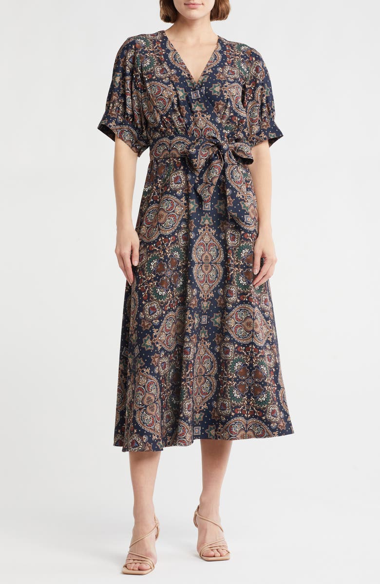 Veronica Beard Wyatt Puff Sleeve Faux Wrap Midi Dress, Main, color,