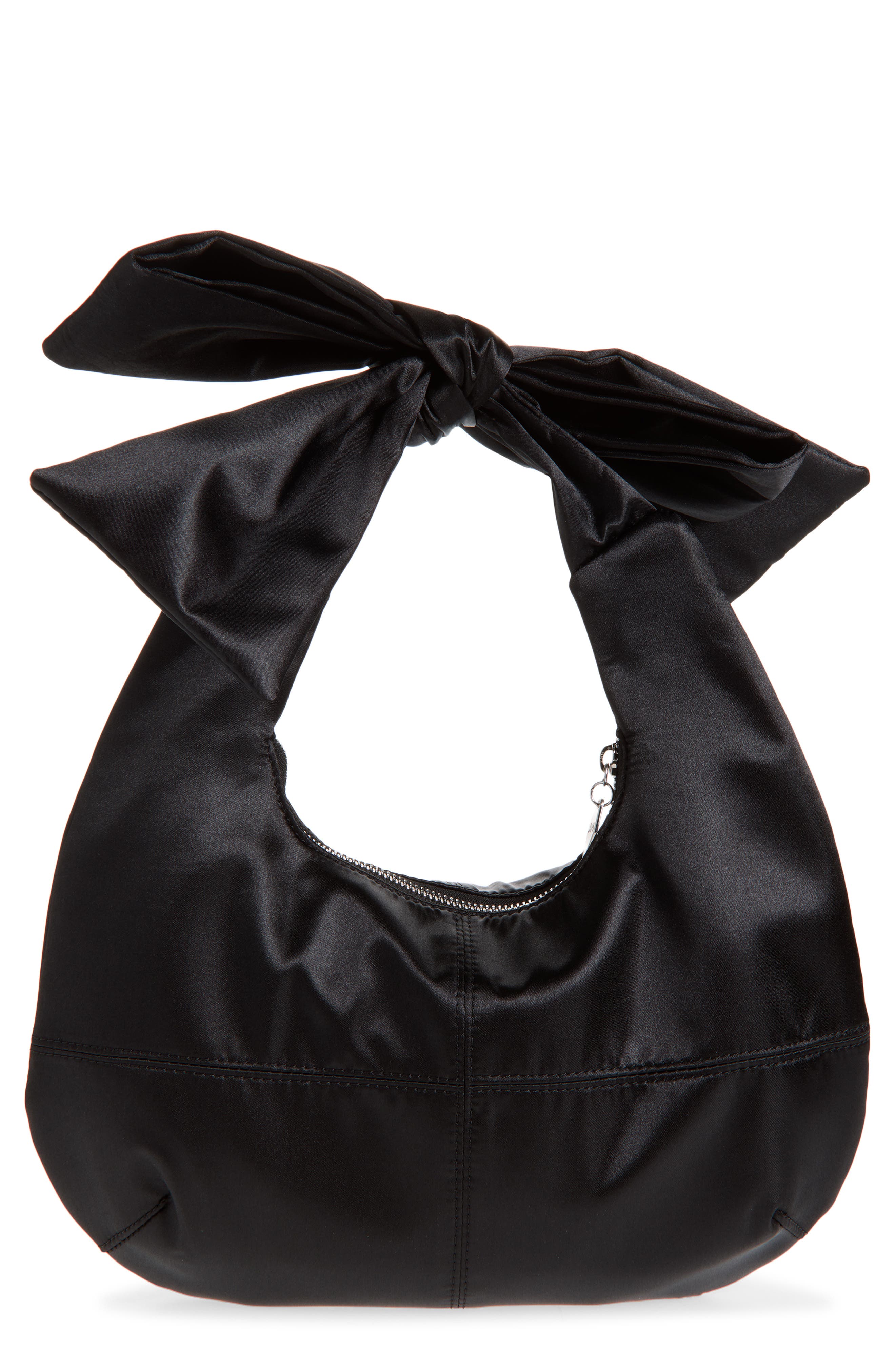 Roo Bow Satin Hobo Bag, Alternate, color, BLACK