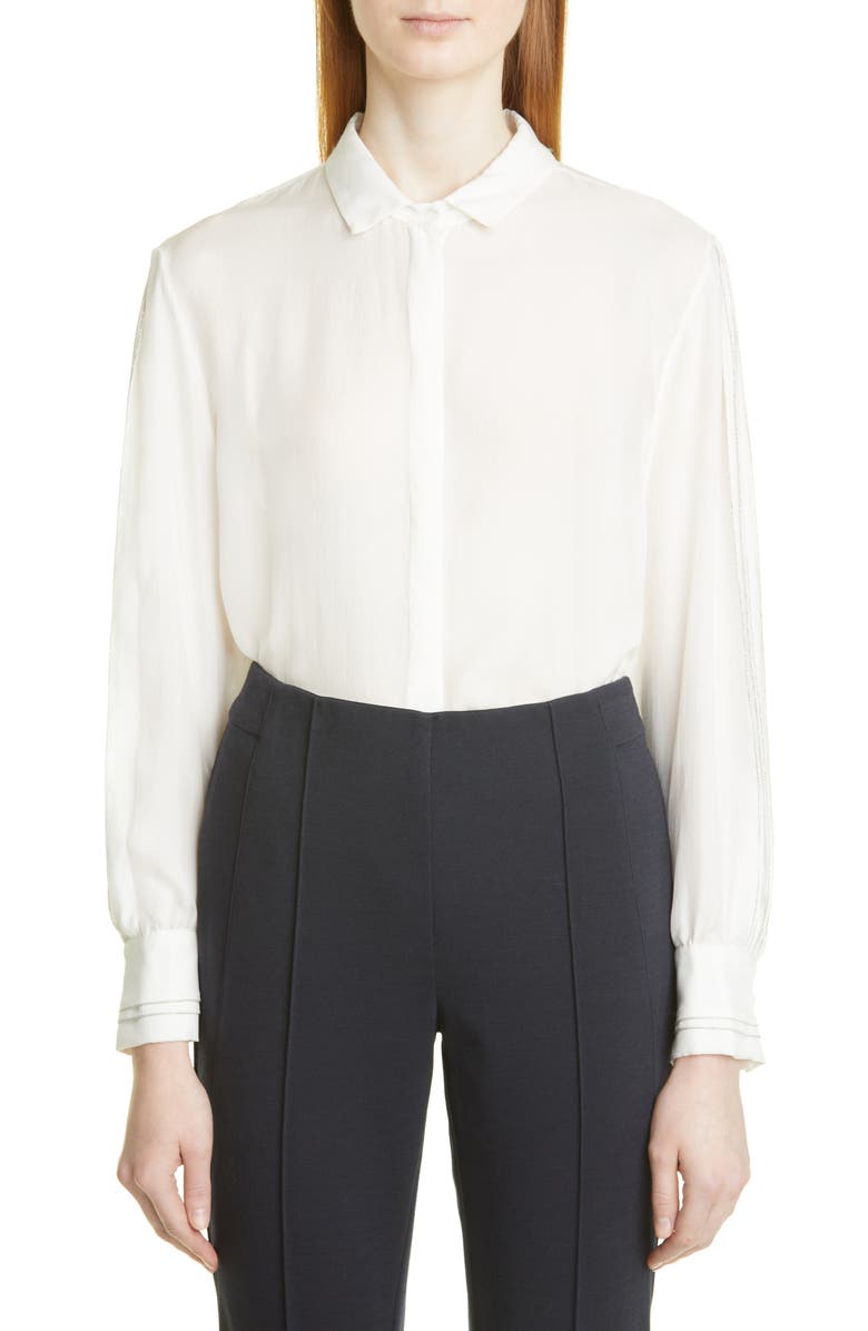 Fabiana Filippi Beaded Pleat Long Sleeve Button-Up Silk Shirt, Main, color,