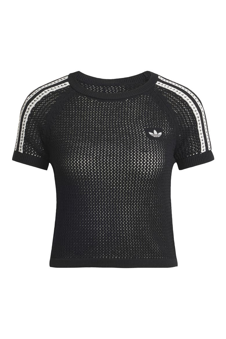 Open Stitch Short Sleeve Crop Sweater, Alternate, color, BLACK