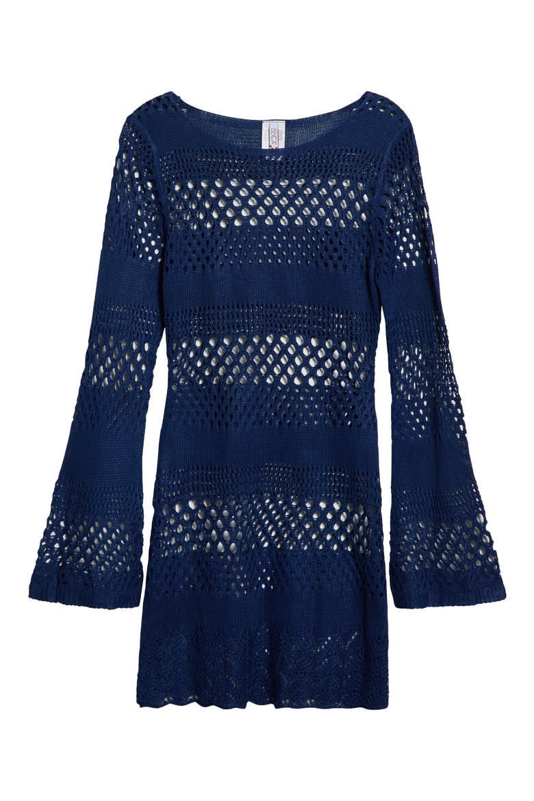 Treasure Island Long Sleeve Sheer Cover-Up Tunic, Main, color, NAVY