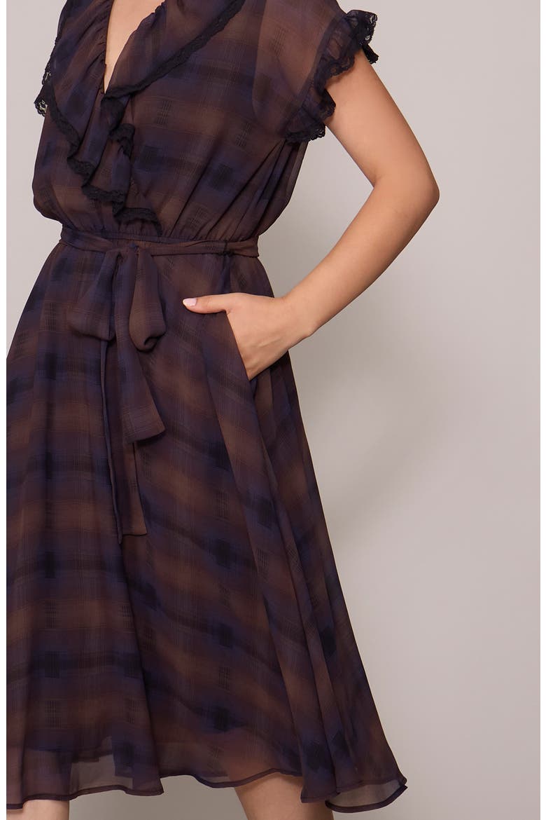Lace Trim Plaid Midi Dress, Alternate, color, BROWN/ NAVY PLAID