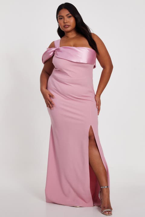 Plus Size One Shoulder Satin/Scuba Crepe Maxi Dress