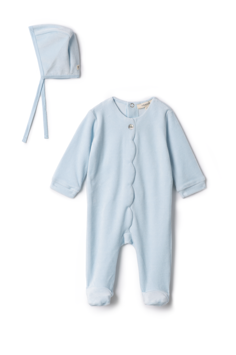 Boy Cotton Velour Scallop Romper with Bonnet