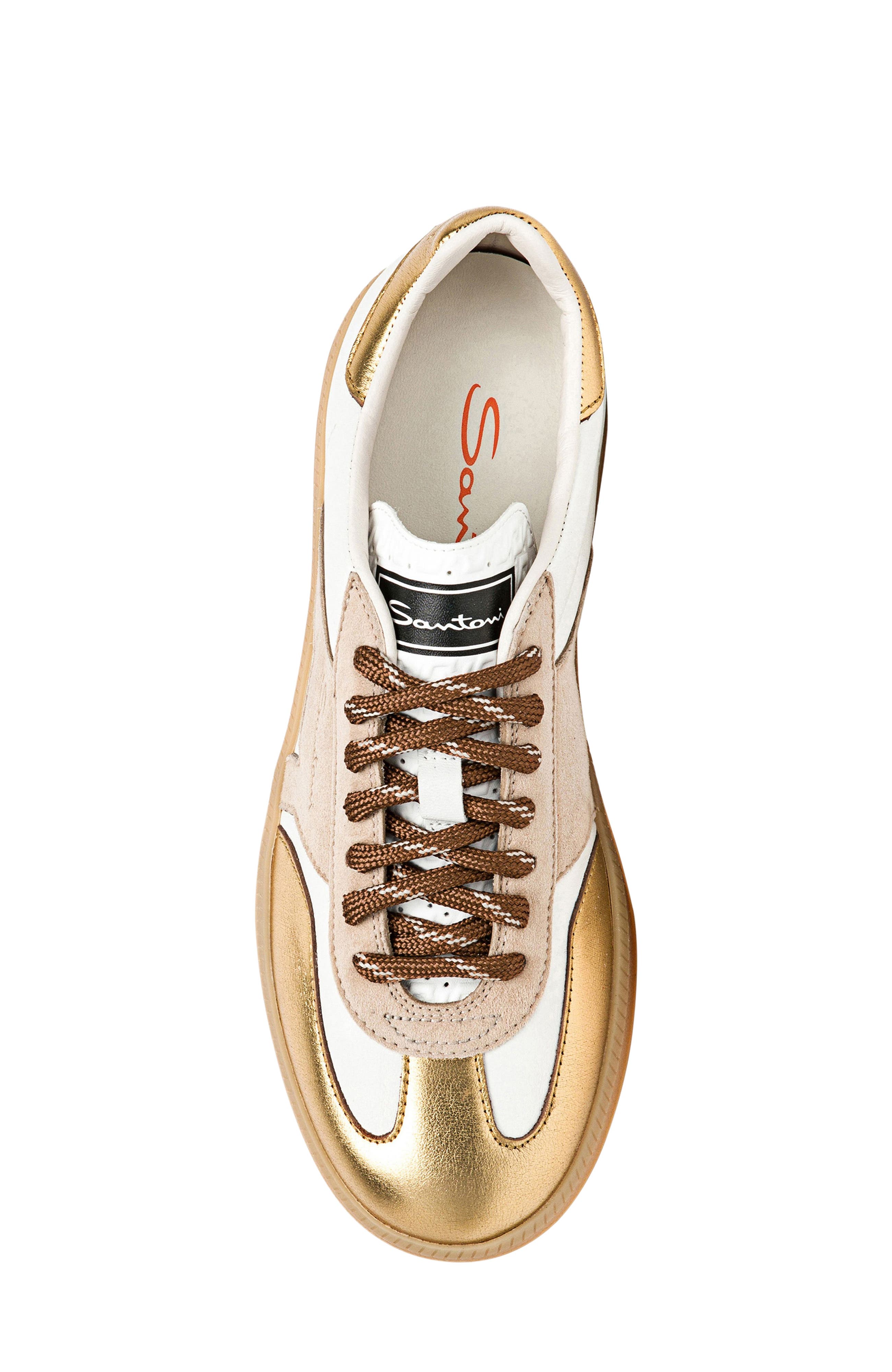 Santoni Women's leather and suede DBS Oly sneaker, Alternate, color, White/Beige/Silver