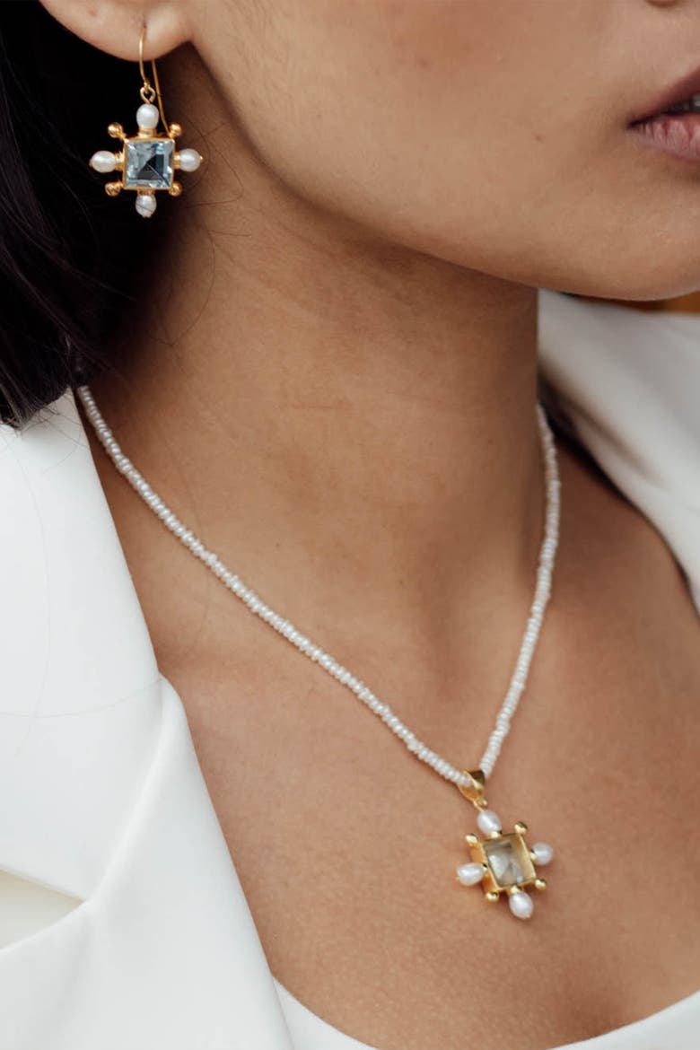 Seed Pearl Necklace with Blue Topaz Cross Pendant, Alternate, color, Ivory