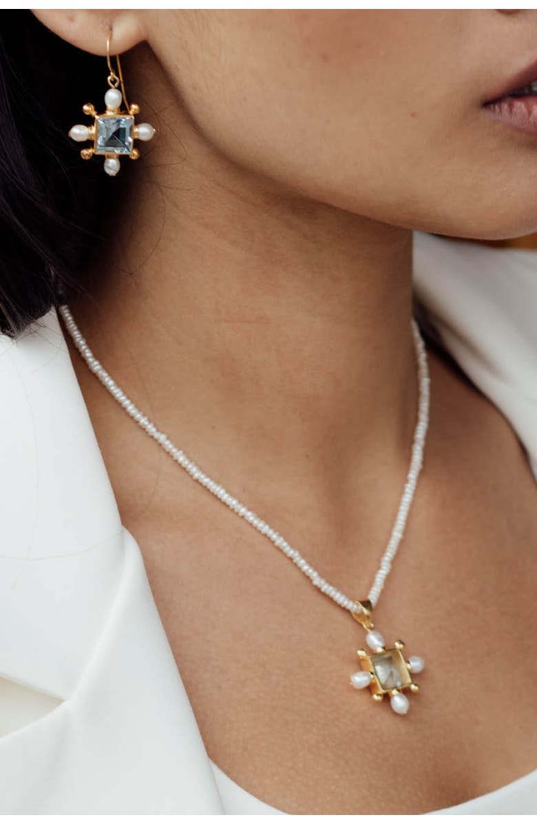 Freya Rose Seed Pearl Necklace with Blue Topaz Cross Pendant, Alternate, color, Ivory