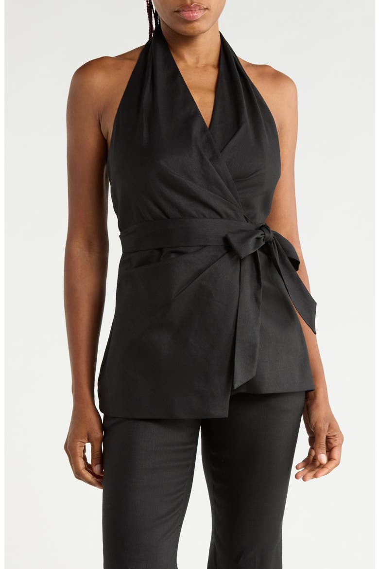 Alyssa Linen Blend Tie Front Halter Top, Main, color, BLACK